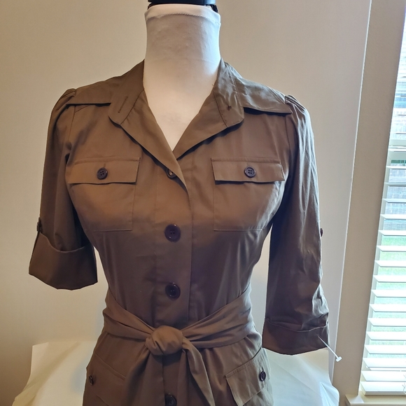 DVF Vintage Khaki Tan Safari Shirt Button Dress w Tie - Picture 4 of 10